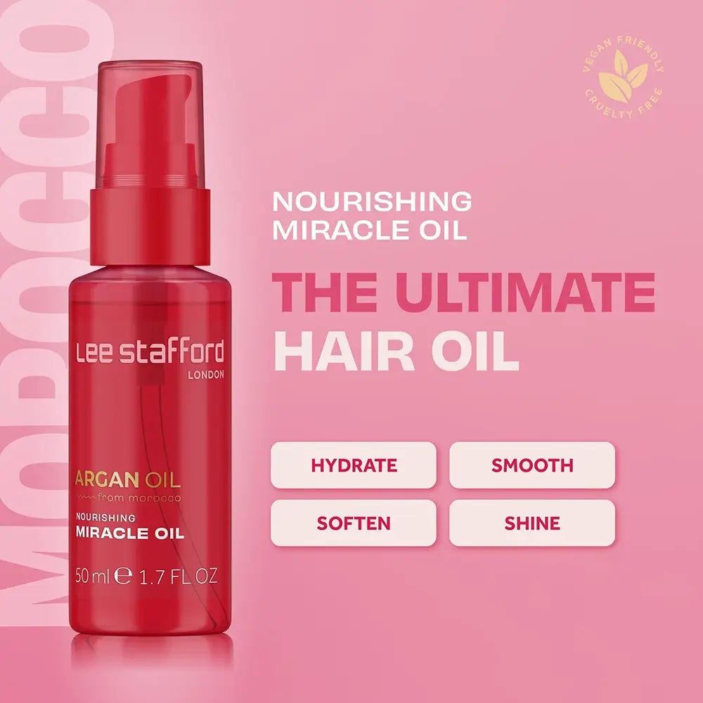 Rote Flasche mit Pumpspender, Lee Stafford Argan Öl, 50ml.