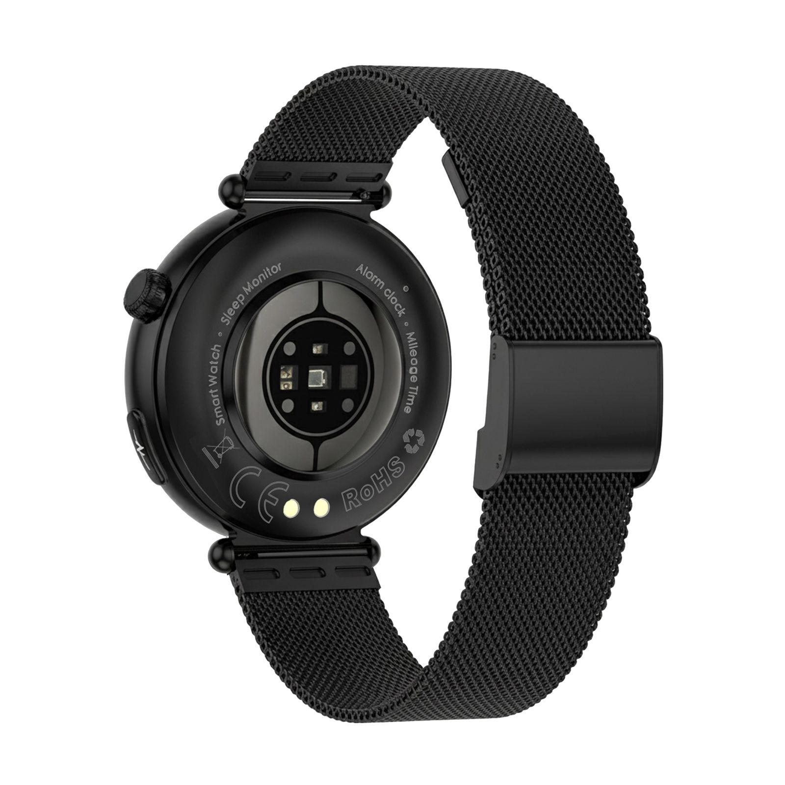 Rückseite einer schwarzen Smartwatch. Sensoren und Ladekontakte sichtbar. Schwarzes Metallarmband. Text: Smart Watch, Sleep Monitor, RoHS.