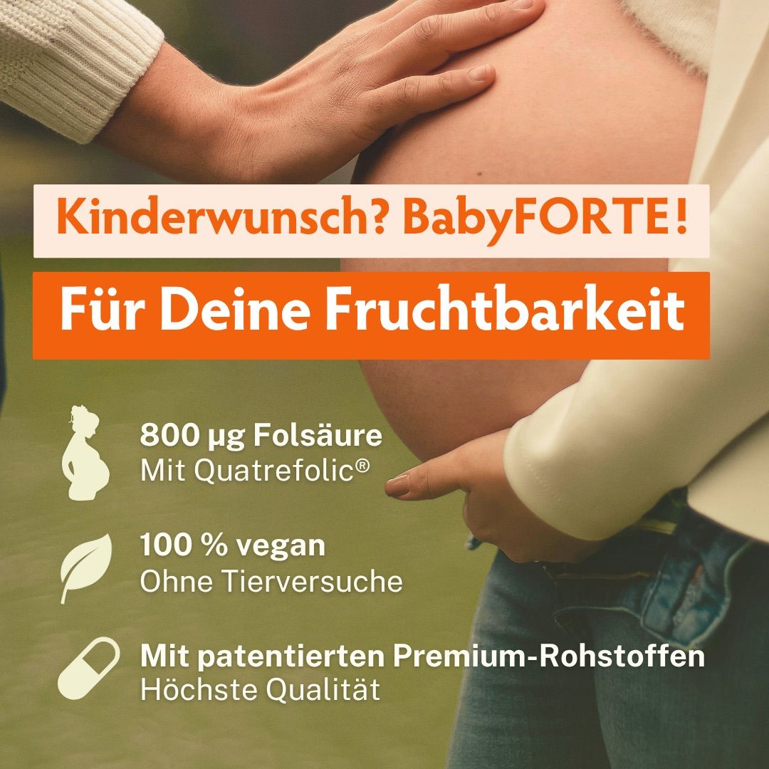 Schwangerer Bauch, Text 'Für Deine Fruchtbarkeit', Icons für Folsäure, Vegan, Premium-Rohstoffe.