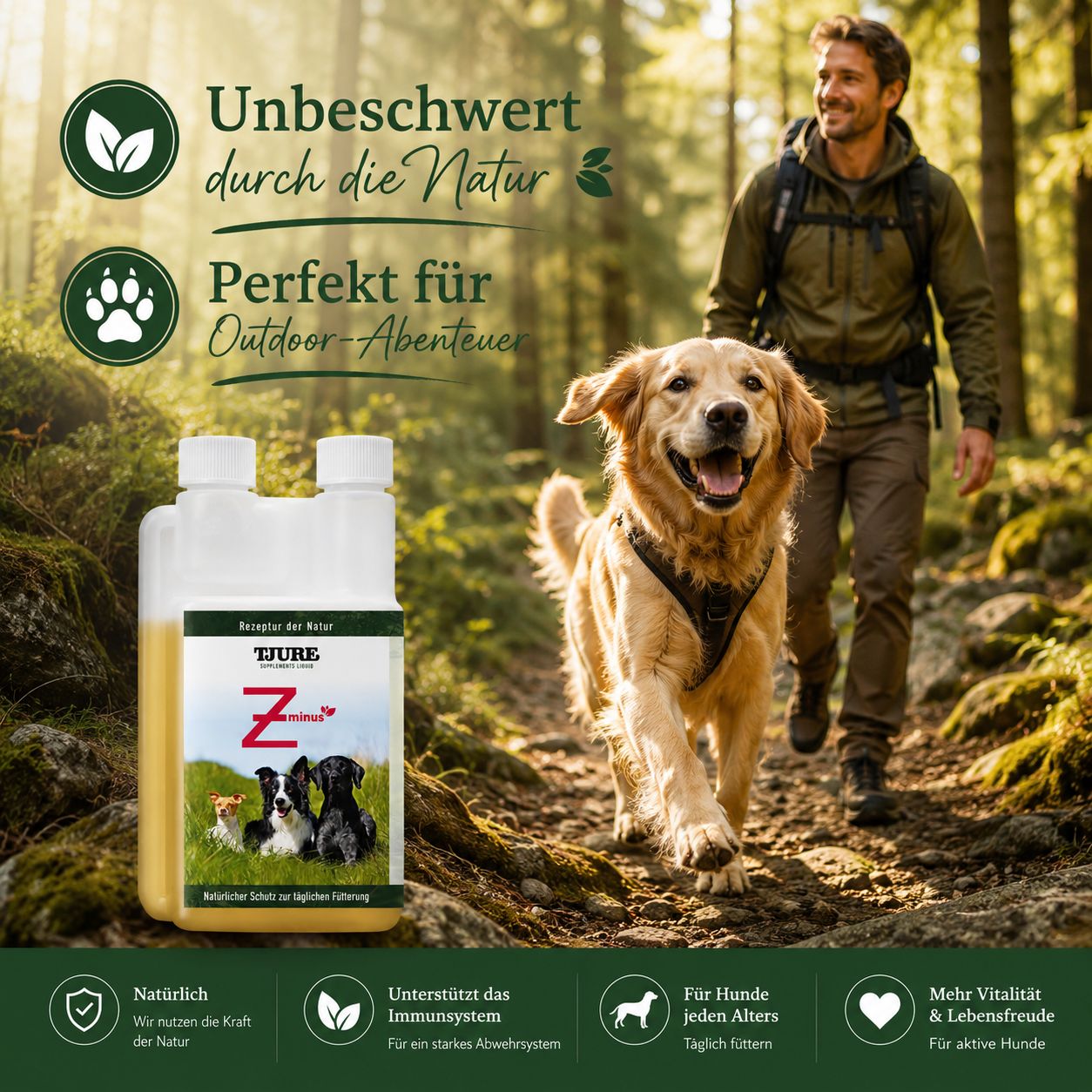 Flasche mit Hundefutterzusatz, neben einem Mann und einem Hund, die auf einem Waldweg wandern.