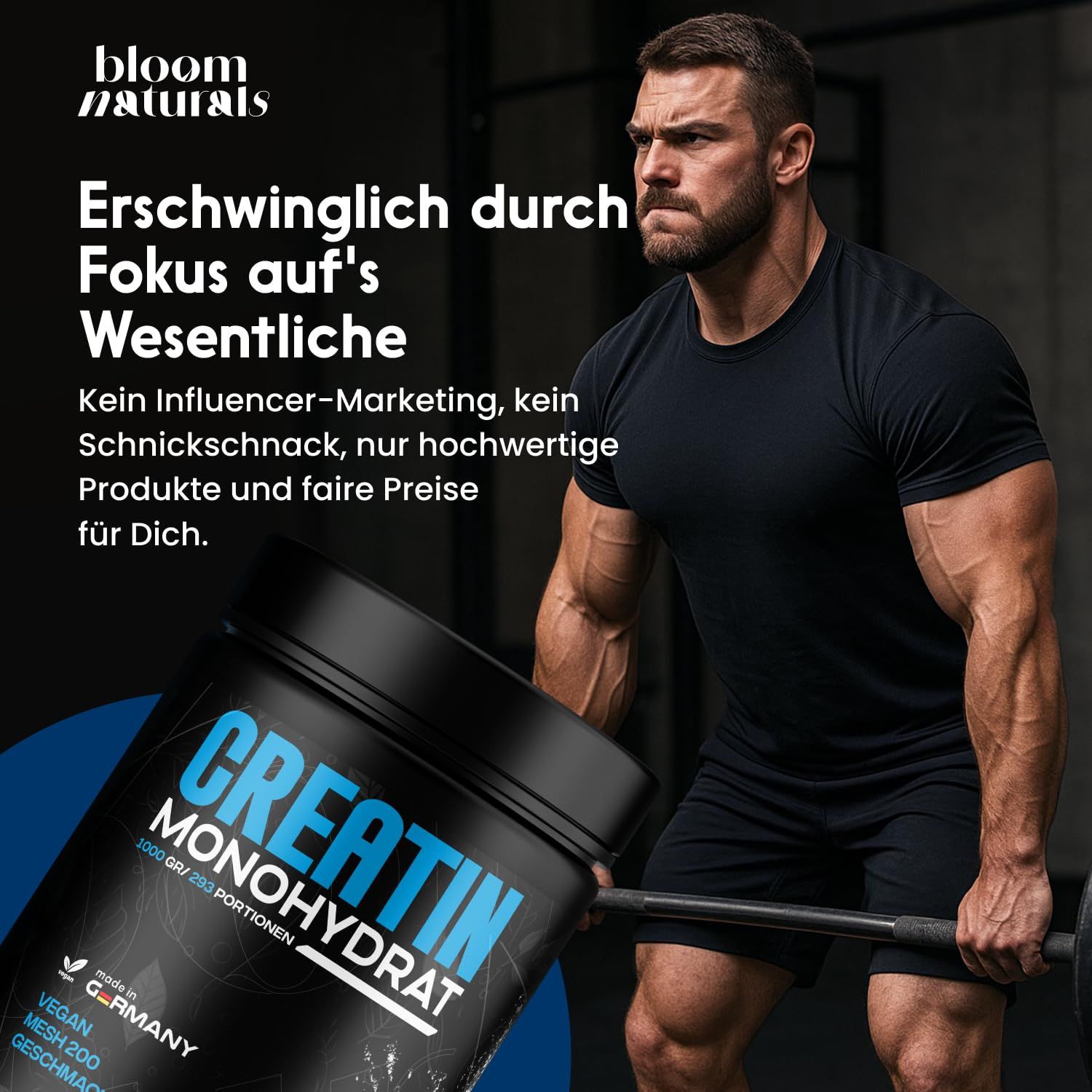 Mann hebt Langhantel. Dose CREATIN MONOHYDRAT. Text: Erschwinglich durch Fokus auf's Wesentliche.