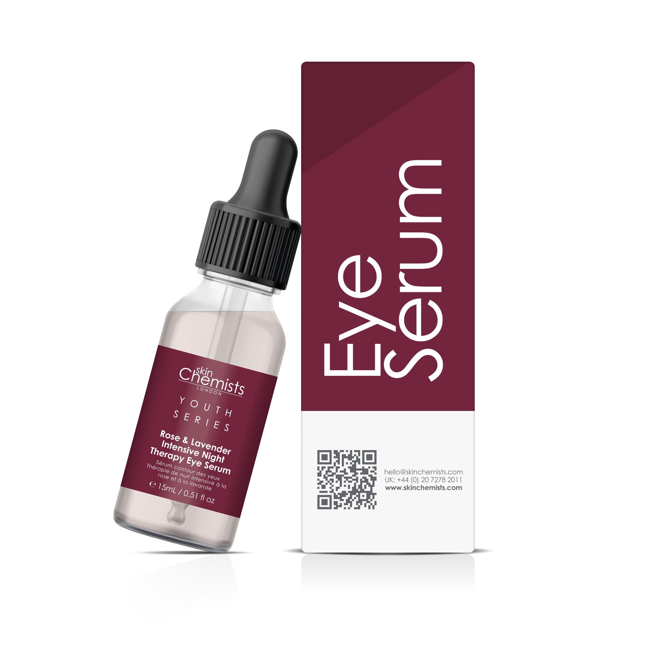 Serumflasche mit Pipette und Verpackung. Aufschrift: skinChemists, Youth Series, Rose & Lavender Intensive Night Therapy Eye Serum.