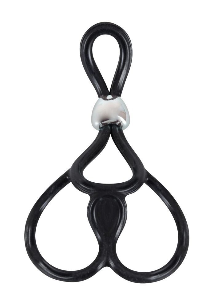 Schwarzer Ring mit drei Öffnungen und einem silberfarbenen Verbindungsstück. Aus Gummi.
