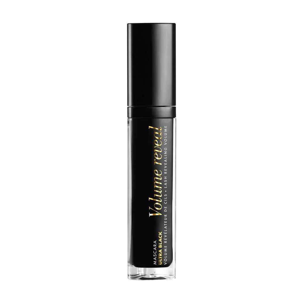 Schwarze Mascara-Tube mit schwarzem Deckel. Aufschrift: Volume Reveal, Ultra Black. Klare Basis.