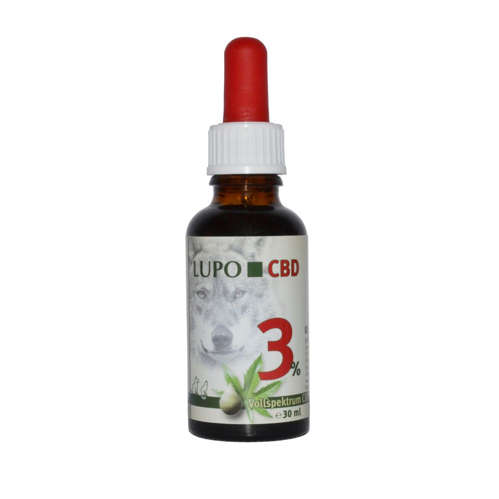 Braune Glasflasche mit roter Pipette. Etikett mit "LUPO CBD" und "3%".