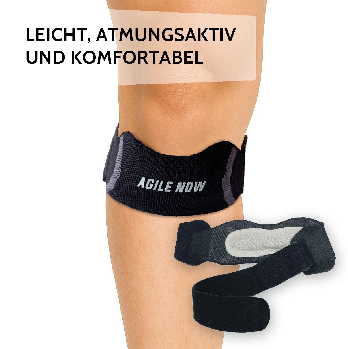 Kniebandage am Knie. Text: "LEICHT, ATMUNGSAKTIV UND KOMFORTABEL". Gezeigt am Knie und separat. Klettverschluss.