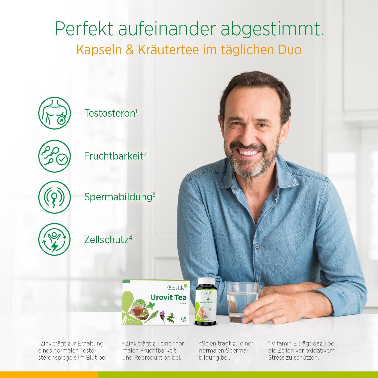 Mann mit Urovit Tea Kapseln und Kräutertee. Links sind Icons für Testosteron, Fruchtbarkeit, Spermienbildung und Zellschutz.
