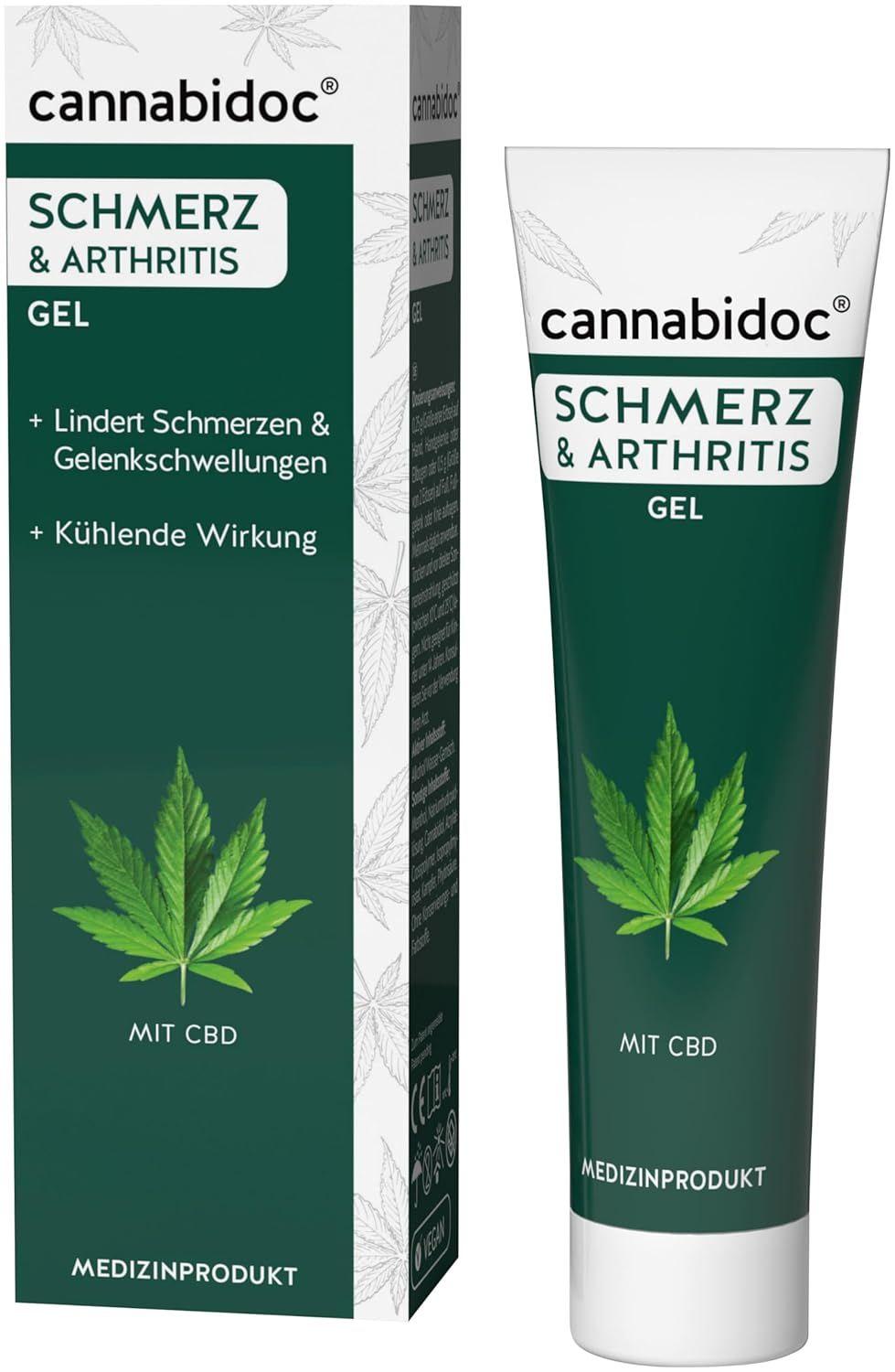 Gel-Tube und Verpackung mit Logo und Produktnamen. Text: Lindert Schmerzen & Gelenkschwellungen, kühlende Wirkung.