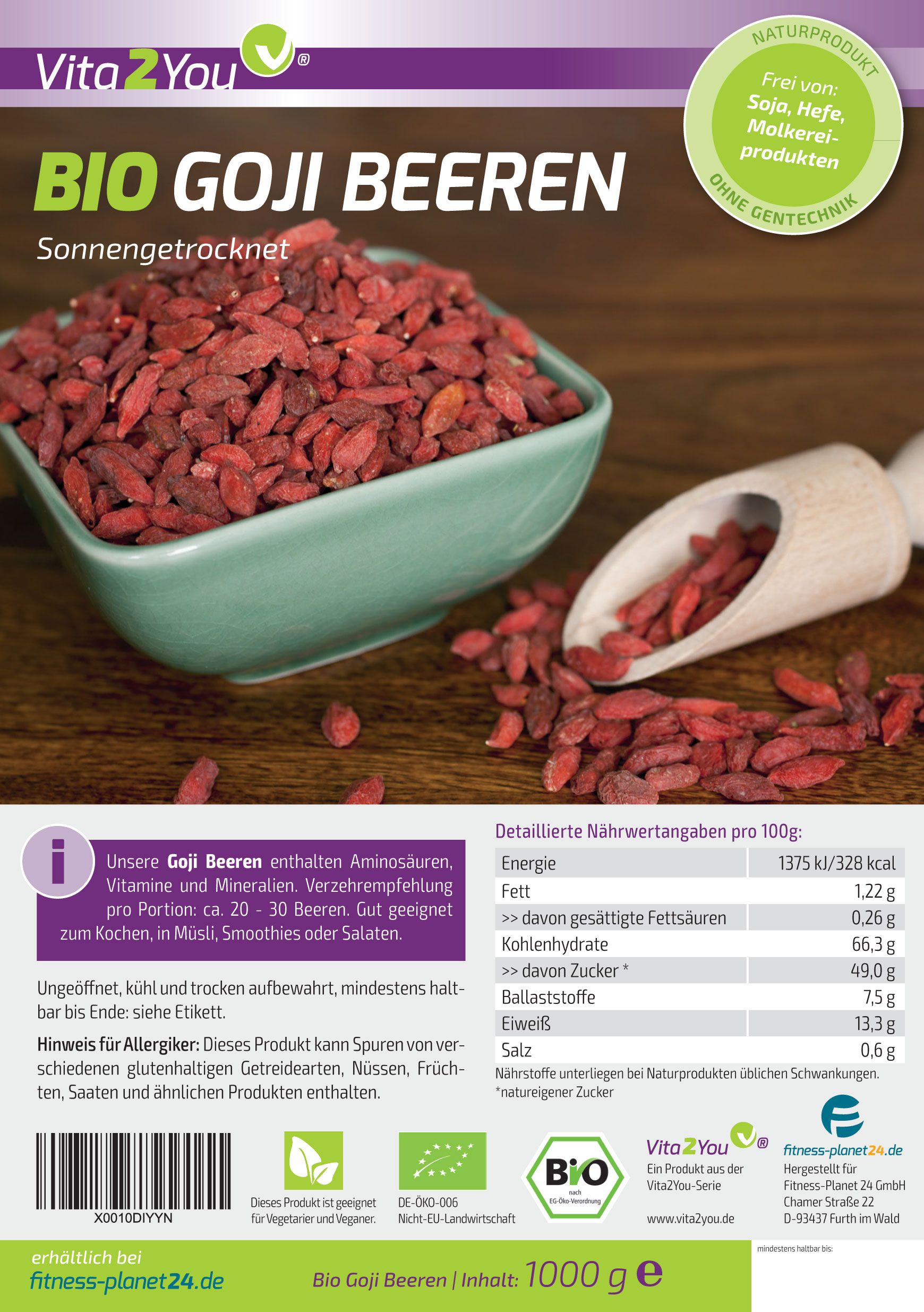 Bio Goji Beeren in Schale und Löffel. Text: Vita2You, Bio Goji Beeren, sonnengetrocknet. Nährwertangaben und Zertifizierungen.