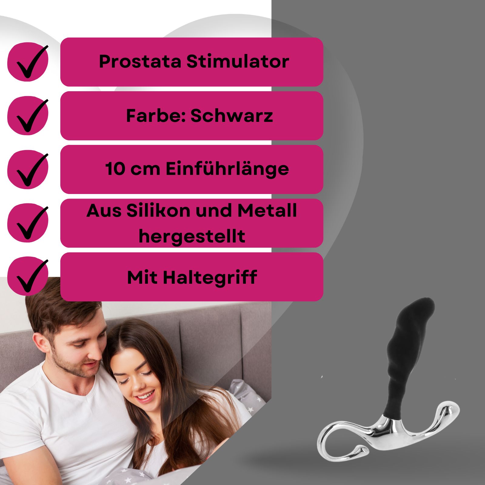 Schwarzer Prostatastimulator aus Silikon und Metall, 10 cm Einführlänge, mit Haltegriff.