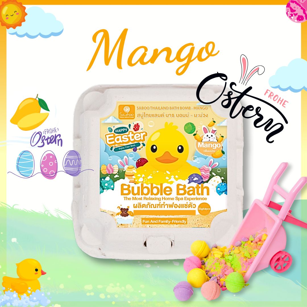 Verpackung mit Badebomben. Gelbe Badebomben. Ostern-Dekoration. Mango-Motiv.