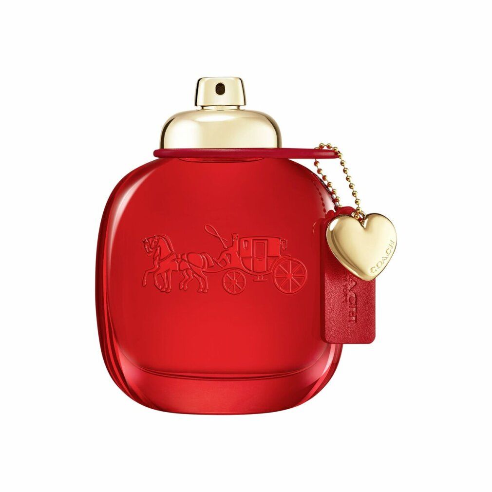 Rote Coach Love Eau de Parfum Flasche mit goldener Kappe und Anhänger.