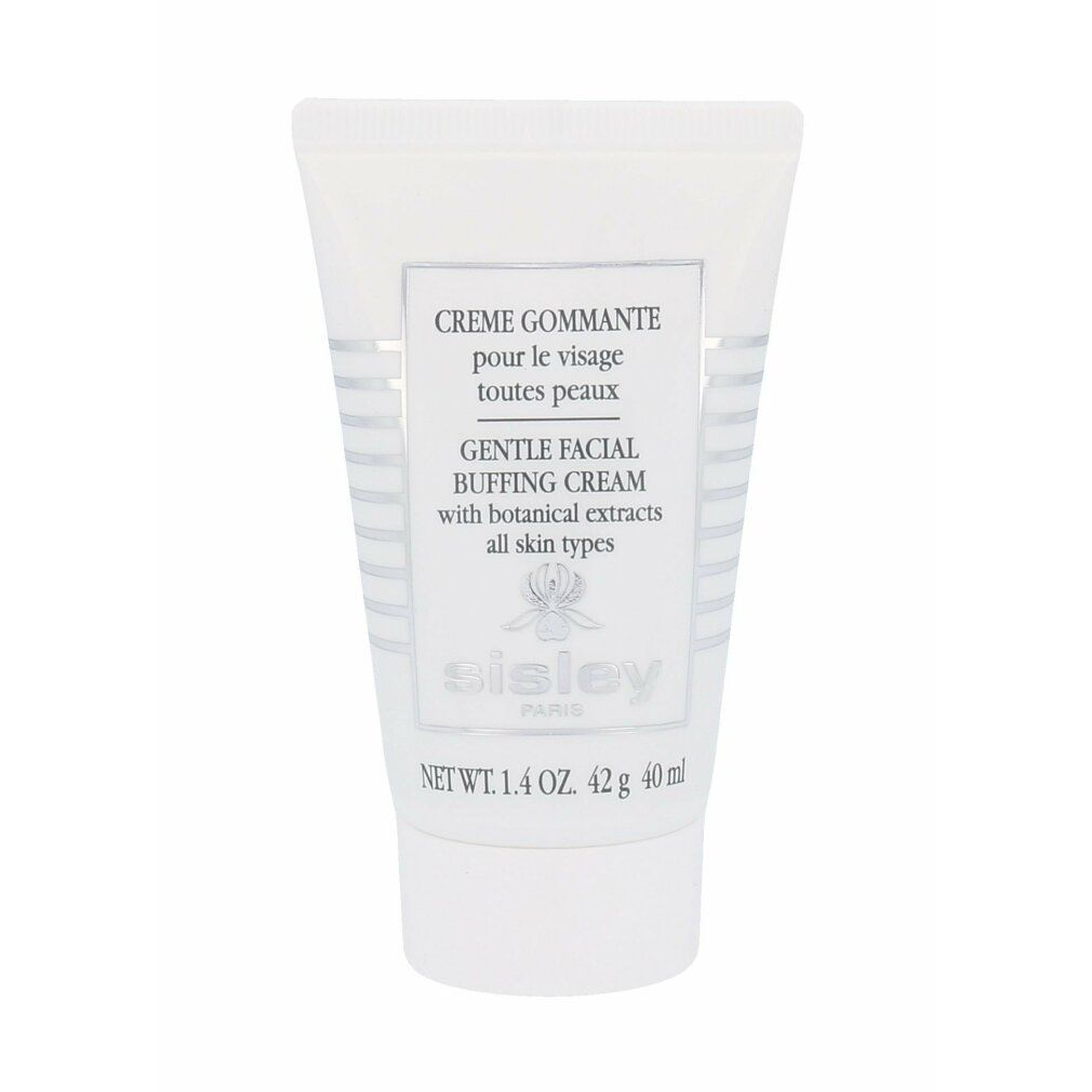 Creme Gommante pour le Visage Tube. Sisley-Logo. Text: Gentle Facial Buffing Cream. Für alle Hauttypen. Weiße Tube mit grauen Streifen.