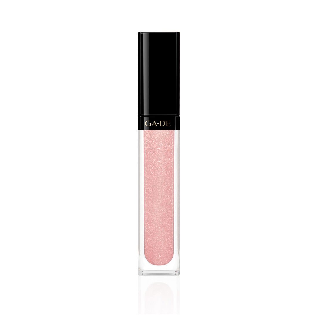 Ga-De Crystal Lights Lipgloss. Transparente Tube mit rosa Inhalt. Schwarzer Deckel. Schriftzug GA-DE.