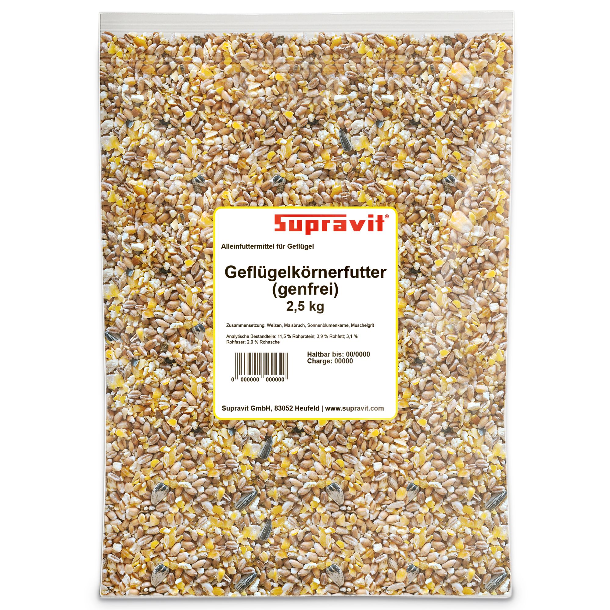 Transparenter Beutel mit Geflügelkörnerfutter. Text: Geflügelkörnerfutter (genfrei) 2,5 kg. Logo: Supravit.