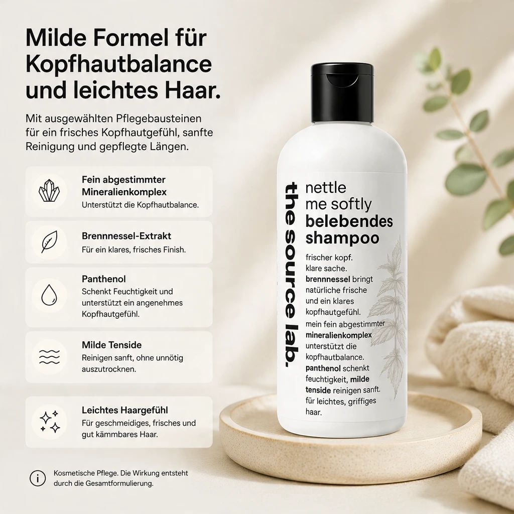 Flasche Nettle Me Softly Shampoo mit Mineralienkomplex, Brennnessel-Extrakt und Panthenol für Kopfhautbalance.