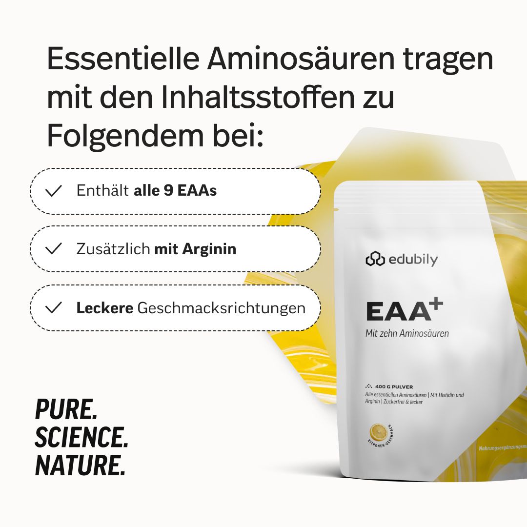 Verpackung 'edubily EAA+ Mit zehn Aminosäuren'. 400g Pulver. Enthält alle 9 EAAs, Arginin. Leckere Geschmacksrichtungen. PURE. SCIENCE. NATURE.