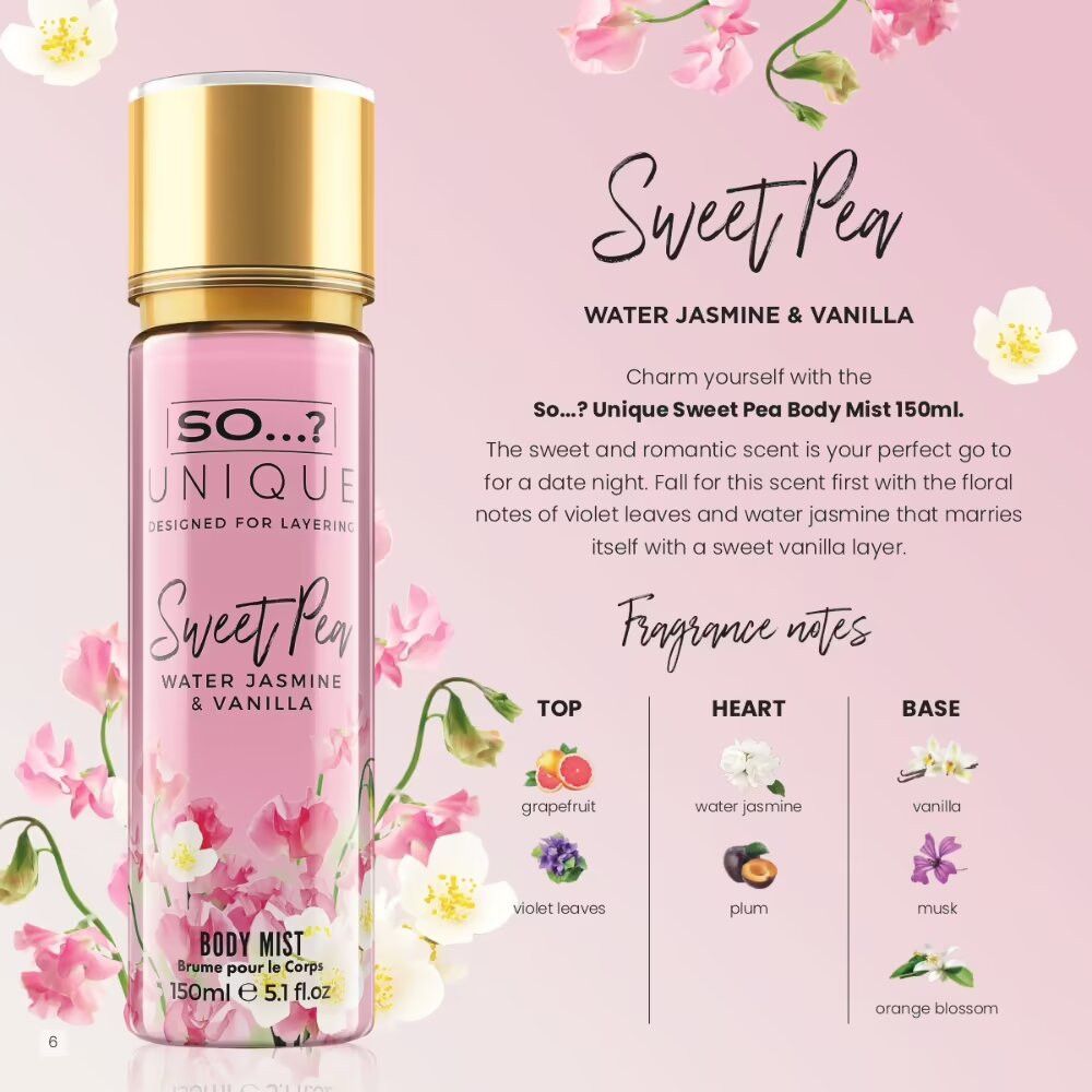 Körperspray-Flasche mit goldener Kappe. Rosa Etikett mit Produktnamen und floralem Design. Text: Sweet Pea, Wasser Jasmin & Vanille.