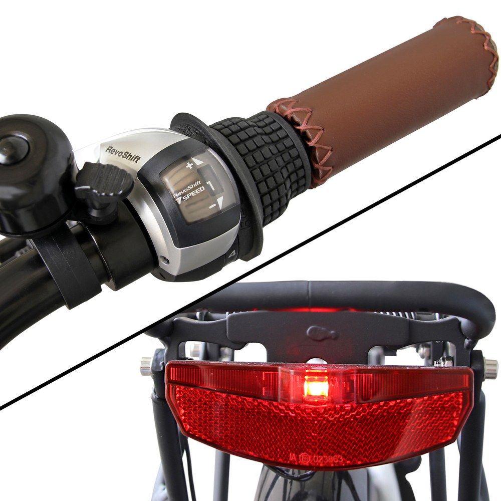 Nahaufnahme des E-Bike-Lenkers mit Schalthebel und Klingel sowie des Rücklichts.