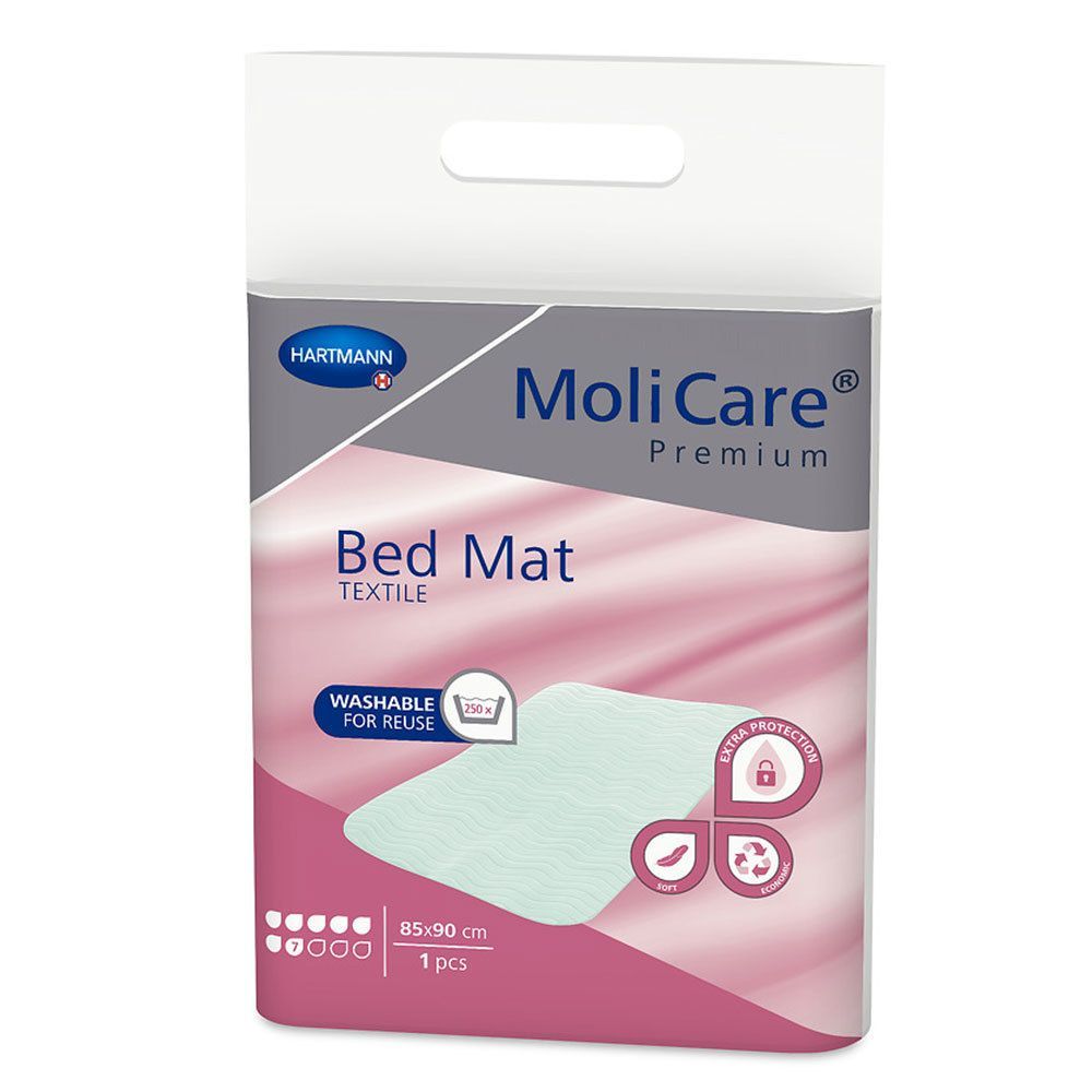Verpackung mit MoliCare® Premium Bed Mat Textile. Größe 85x90 cm. Waschbar. Mit Logo und Produktinformationen.