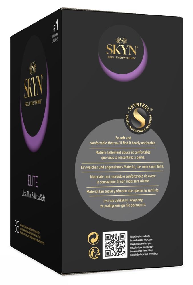 Schwarze Verpackung SKYN Elite. Text: Ultra Thin & Ultra Soft. 36 Kondome. Logo: SKYN, SKYNFEEL. #1 Marke.