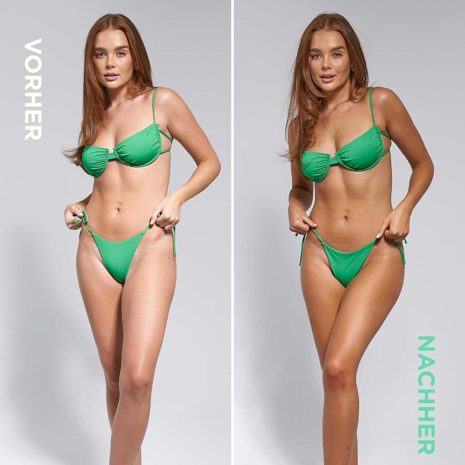 Vorher-Nachher-Vergleich. Frau im grünen Bikini. Links: Hautton vor Anwendung. Rechts: Gebräunte Haut nach Anwendung.