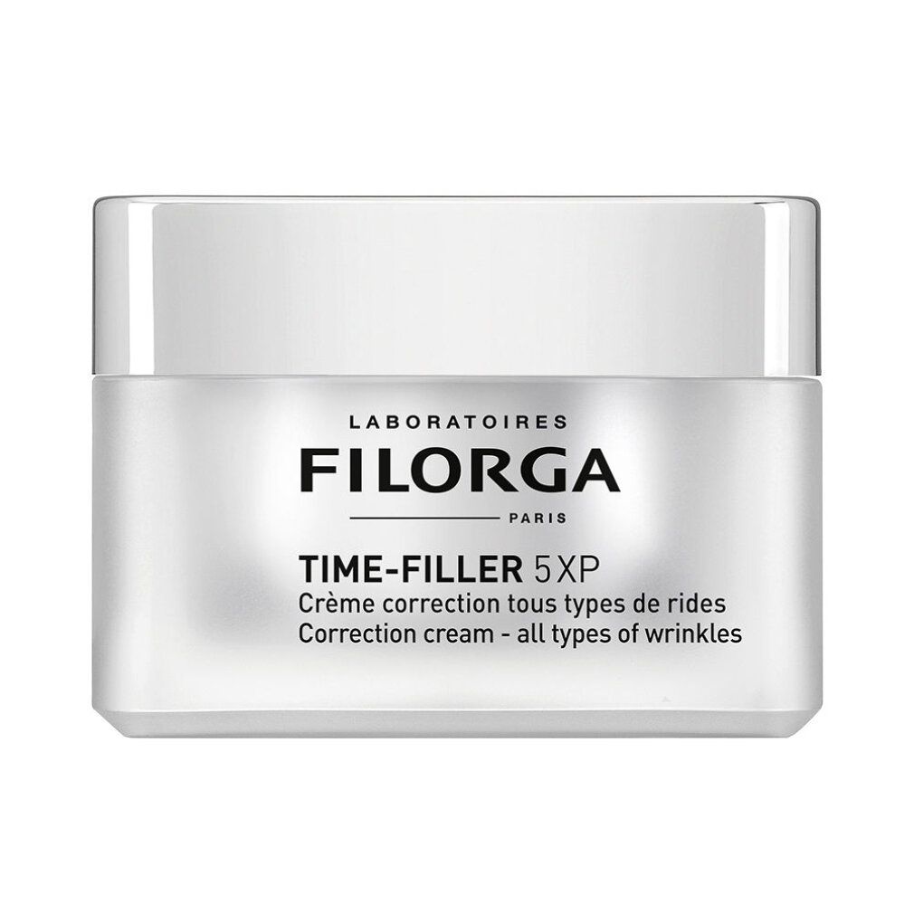Offene Creme-Dose. Text: FILORGA, TIME-FILLER 5XP. Weiße Creme.