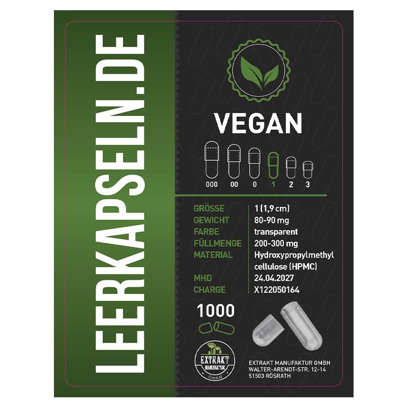 Etikett mit Text: LEERKAPSELN.DE, VEGAN, Größen 000-3, 1000 Stück, transparente Farbe, Hydroxypropylmethylcellulose (HPMC).