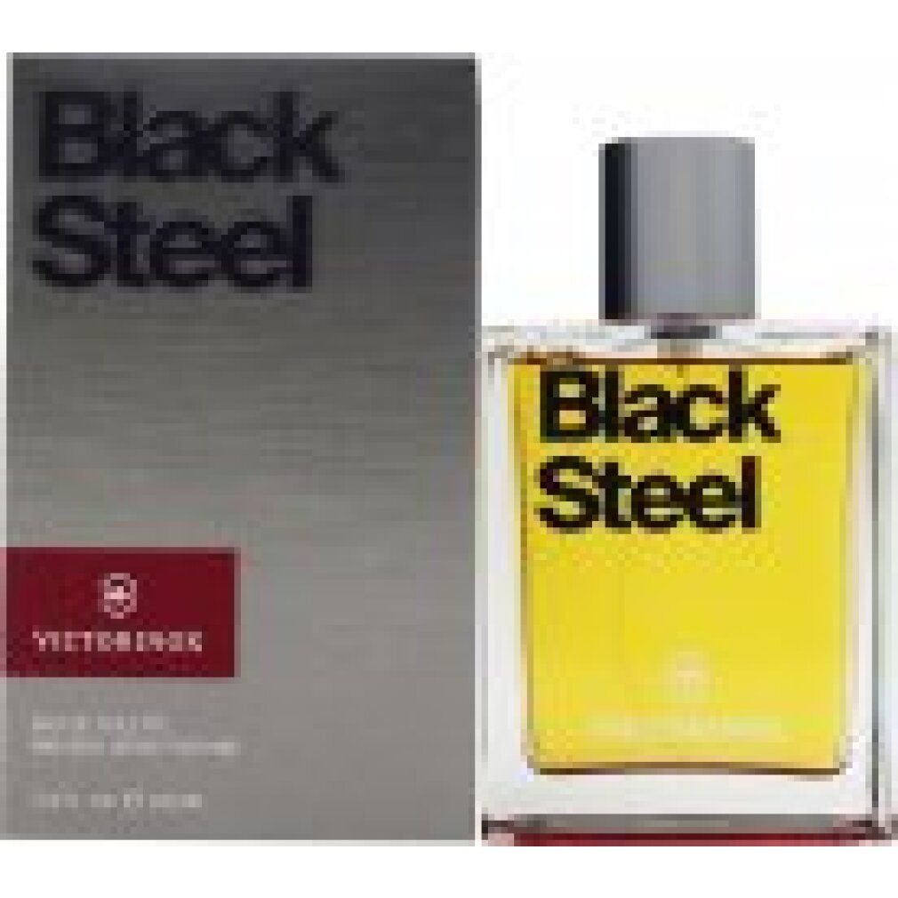 Parfümflasche und Verpackung. Flasche mit silbernem Deckel, gelber Flüssigkeit. Verpackung mit Logo und Text: Black Steel.