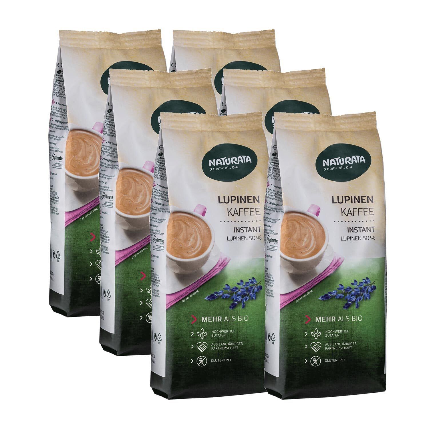 Naturata Bio Lupinen Kaffee Instant, 50% Lupinen. Sechs Beutel mit Kaffeetasse und Lupinenabbildung.
