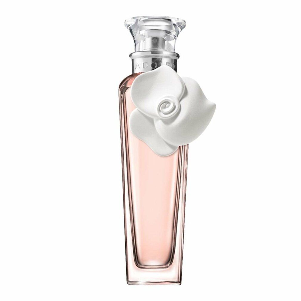 Rosa-Parfümflasche mit weißer Blüte. Flasche mit transparentem Verschluss, rosa Flüssigkeit. Weiße Blüte an der Flasche.