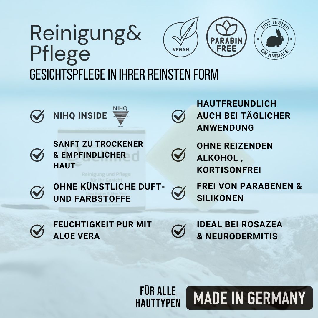 Grafik mit Text und Logos. Enthält Informationen über Reinigung & Pflege. Vegan, parabenfrei, ohne Tierversuche, Made in Germany.