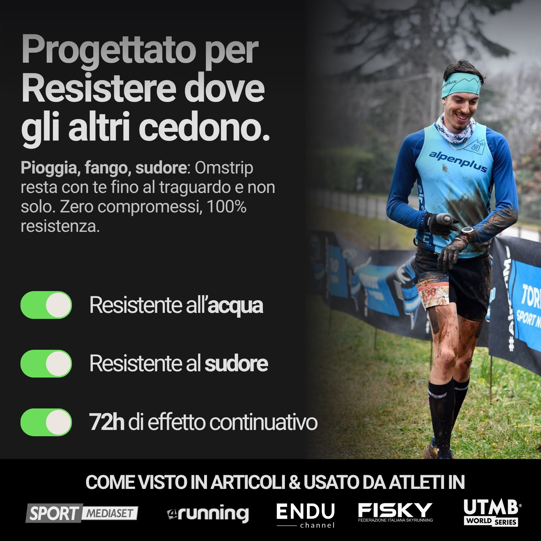 Läufer mit Omstrip-Pflastern. Text: Entwickelt, um dort zu widerstehen, wo andere versagen. Wasser- und schweißbeständig. 72h Wirkung.