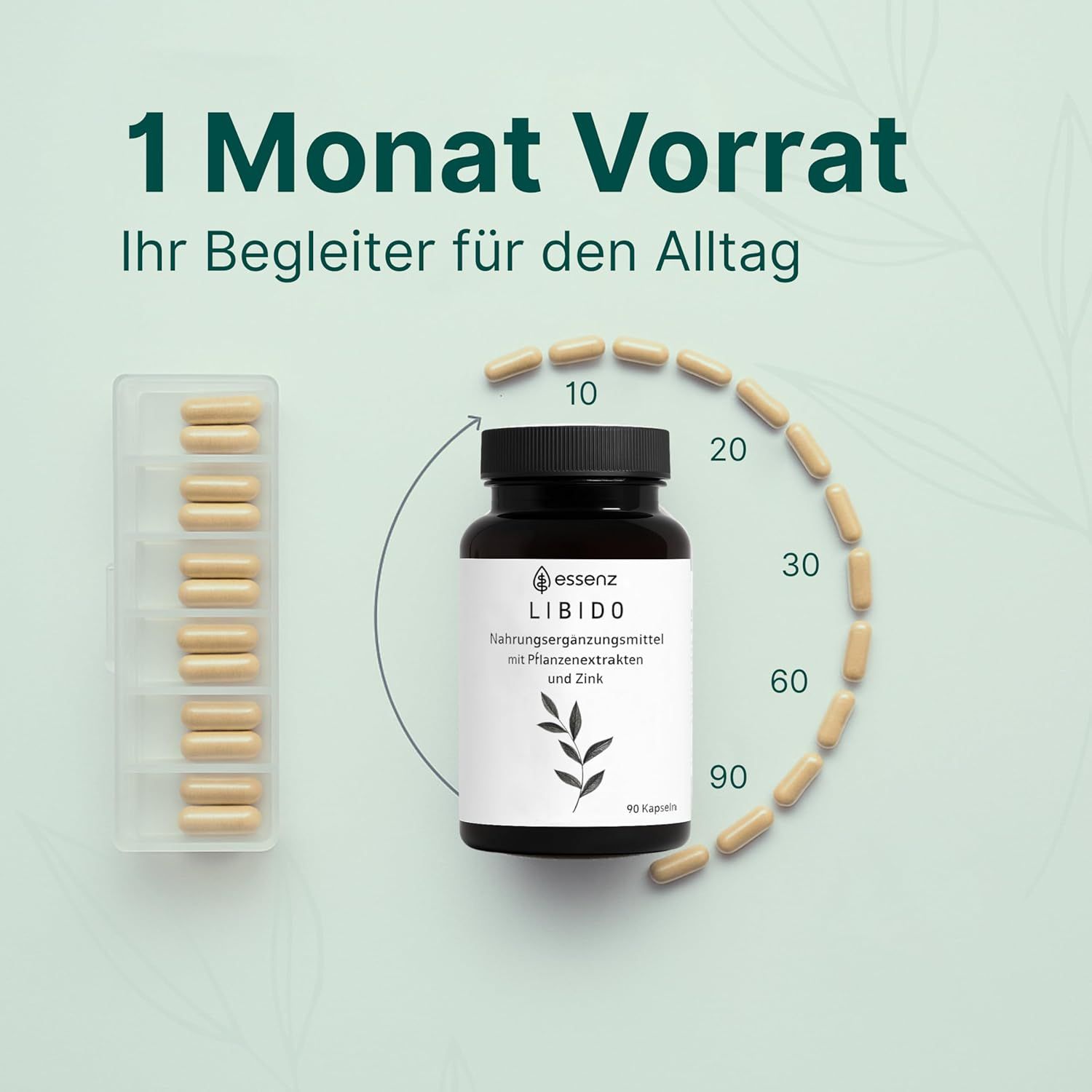 Braune Flasche ESSENZ Libido Kapseln, 90 Kapseln. Kapseln daneben. Monatliche Dosierung mit Zahlen. Text: 1 Monat Vorrat, Ihr Begleiter für den Alltag.