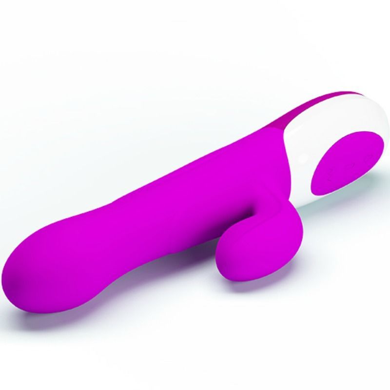 Lila Vibrator mit zwei Ohren, liegend auf weißem Hintergrund.