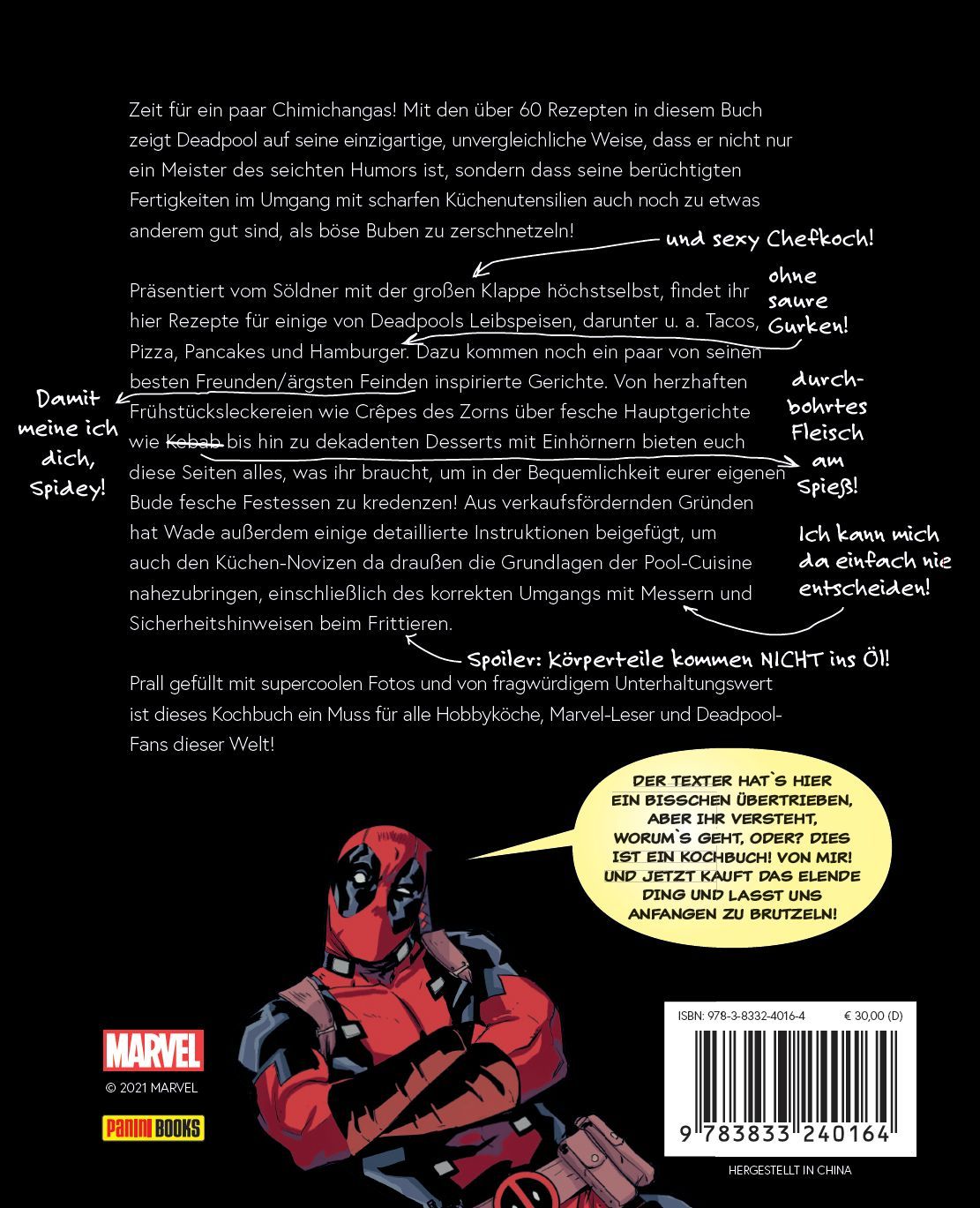 Rückseite des Kochbuchs "Kochen mit Deadpool". Deadpool, Text und Illustrationen. Enthält über 60 Rezepte.