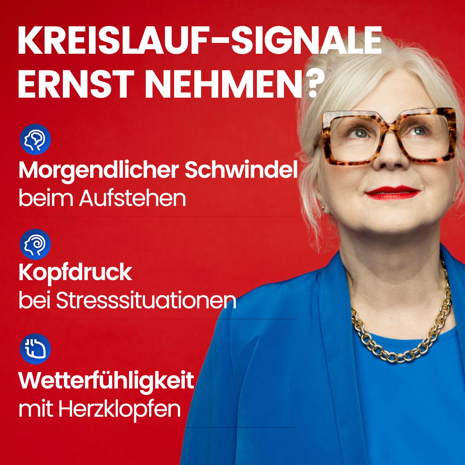 Frau mit Brille und Halskette vor rotem Hintergrund mit Text über Kreislauf-Signale.