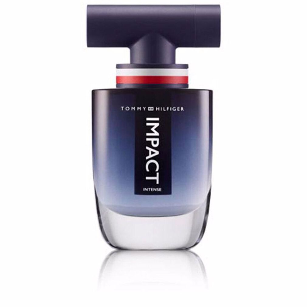 Flakon mit blauem Farbverlauf, weiß-rot-gestreiftem Halsband und schwarzem Verschluss. Aufschrift IMPACT INTENSE.