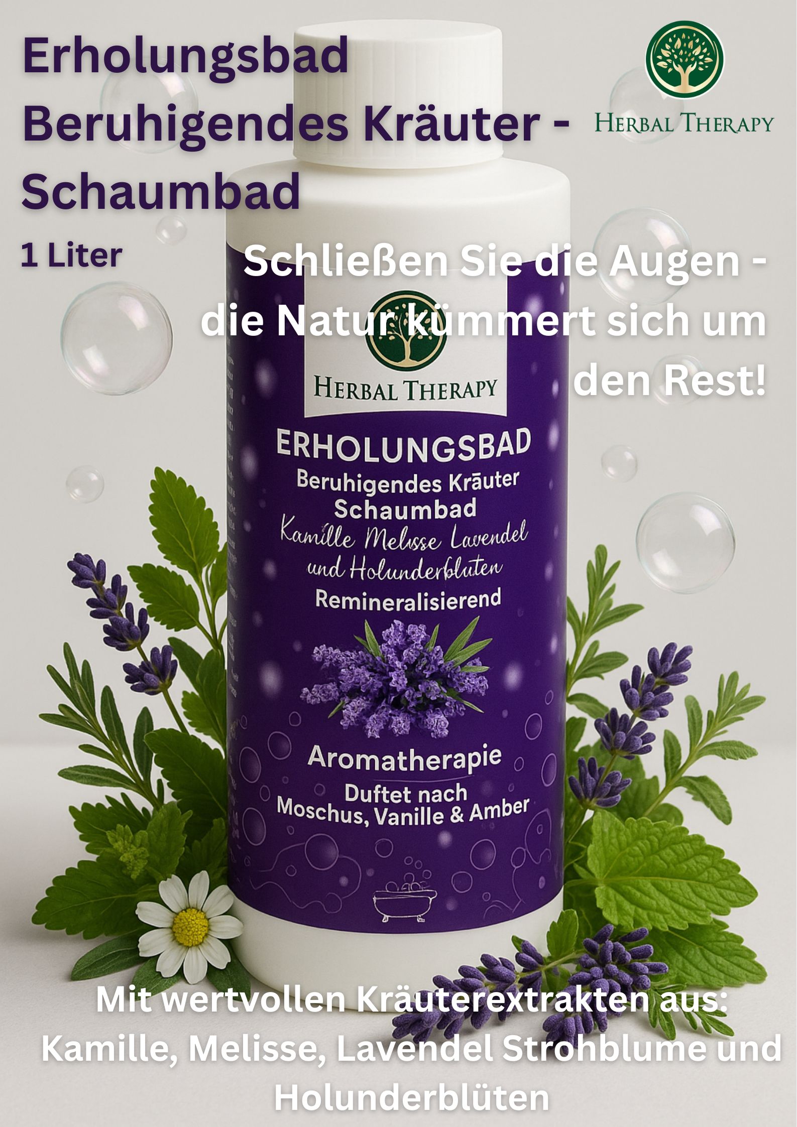 Weißer Flakon mit lila Etikett. Text: Erholungsbad, Kräuter-Schaumbad. Kräuterextrakte: Kamille, Melisse, Lavendel, Holunderblüten. Herbal Therapy Logo.