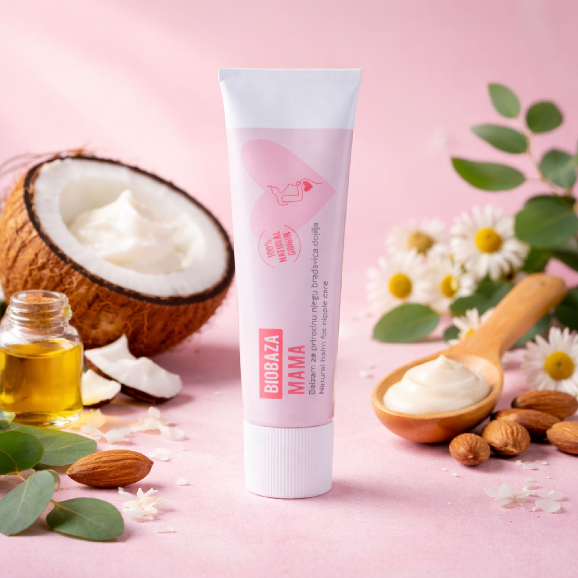 Rosa Tube mit weißem Deckel. Aufgedruckt: Biobaza Mama, Balsam für Brustwarzen. Kokosnuss, Öl, Mandel und Creme.