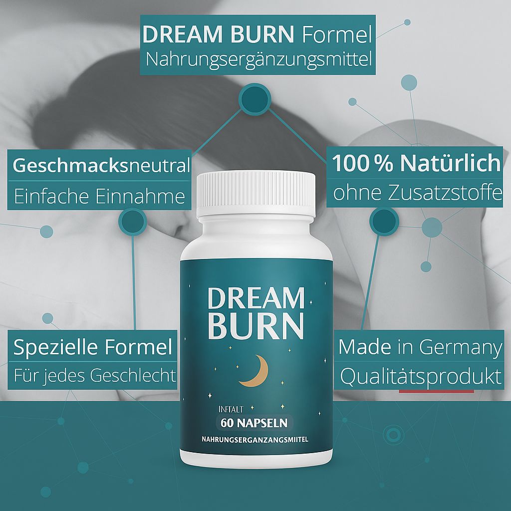 Weiße Flasche DREAM BURN, 60 Kapseln. Text: Spezielle Formel, 100% natürlich, Made in Germany. Hintergrund: Person im Bett.
