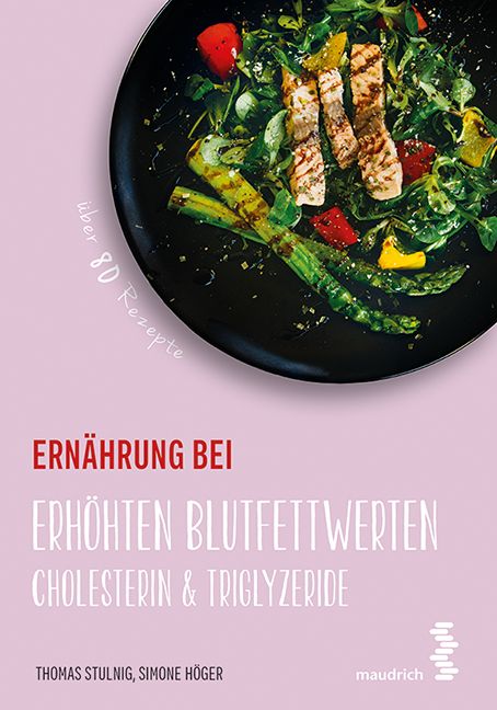 Buchcover: Ernährung bei erhöhten Blutfettwerten. Titel, Autoren, Logo. Oben: Teller mit Essen.