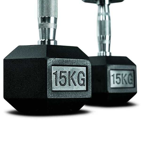 Zwei schwarze Kurzhanteln mit sechseckigen Köpfen. Aufschrift: 15KG. Griffe aus Metall.