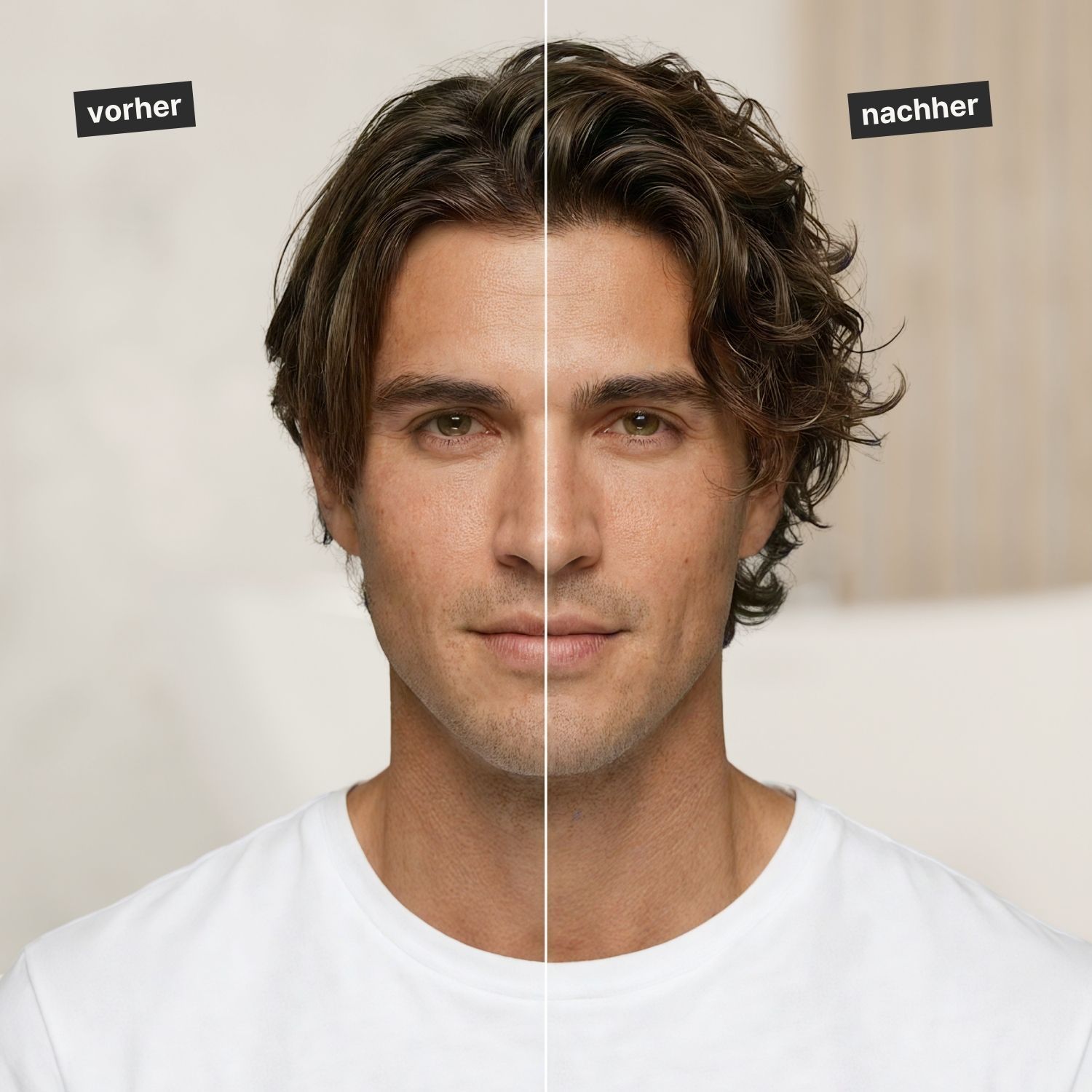 Mann: Vorher glattes Haar, Nachher volles, gewelltes Haar.
