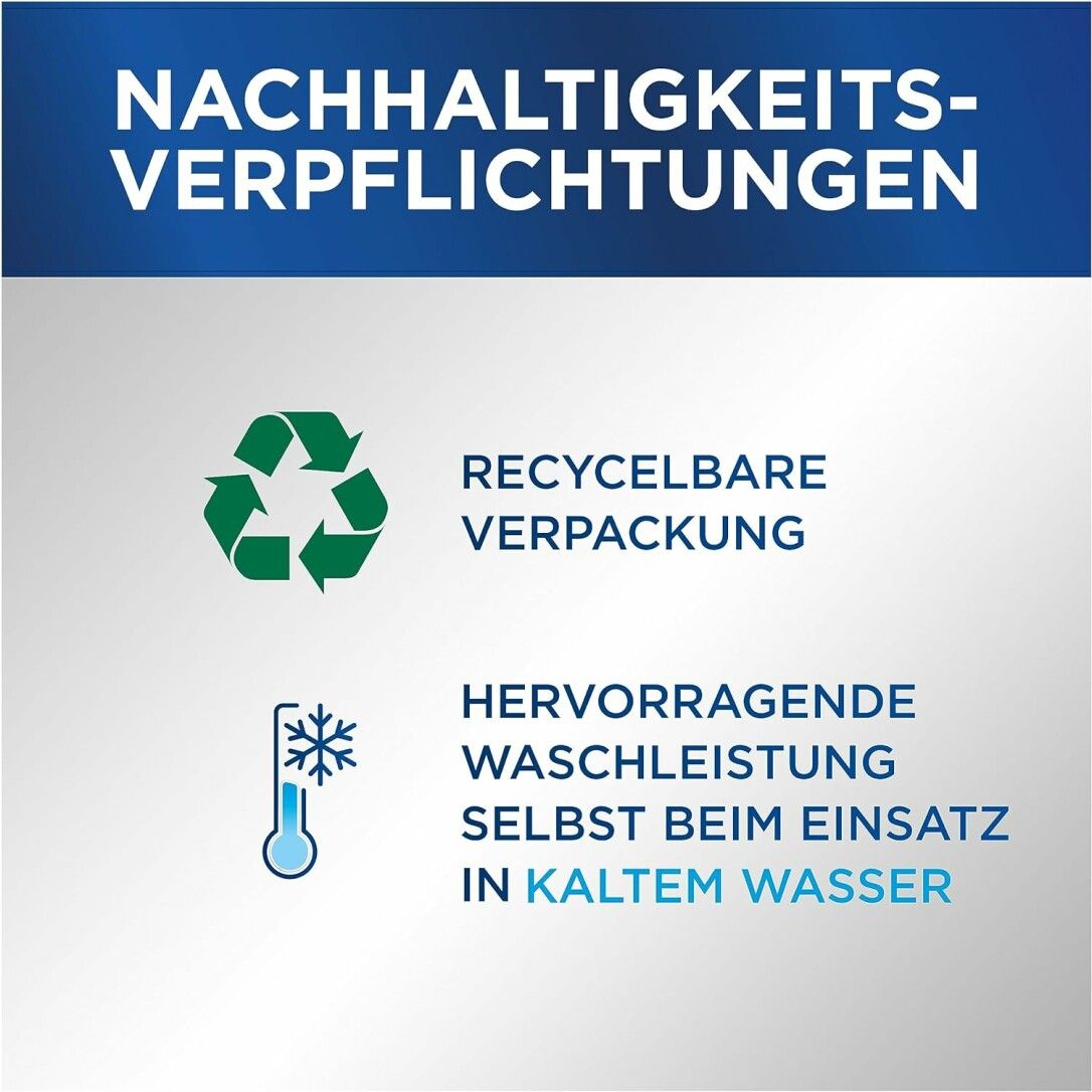 Grafik mit Symbolen: Recycling-Symbol und Thermometer. Text: RECYCELBARE VERPACKUNG, HERVORRAGENDE WASCHLEISTUNG SELBST BEI EINSATZ IN KALTEM WASSER.