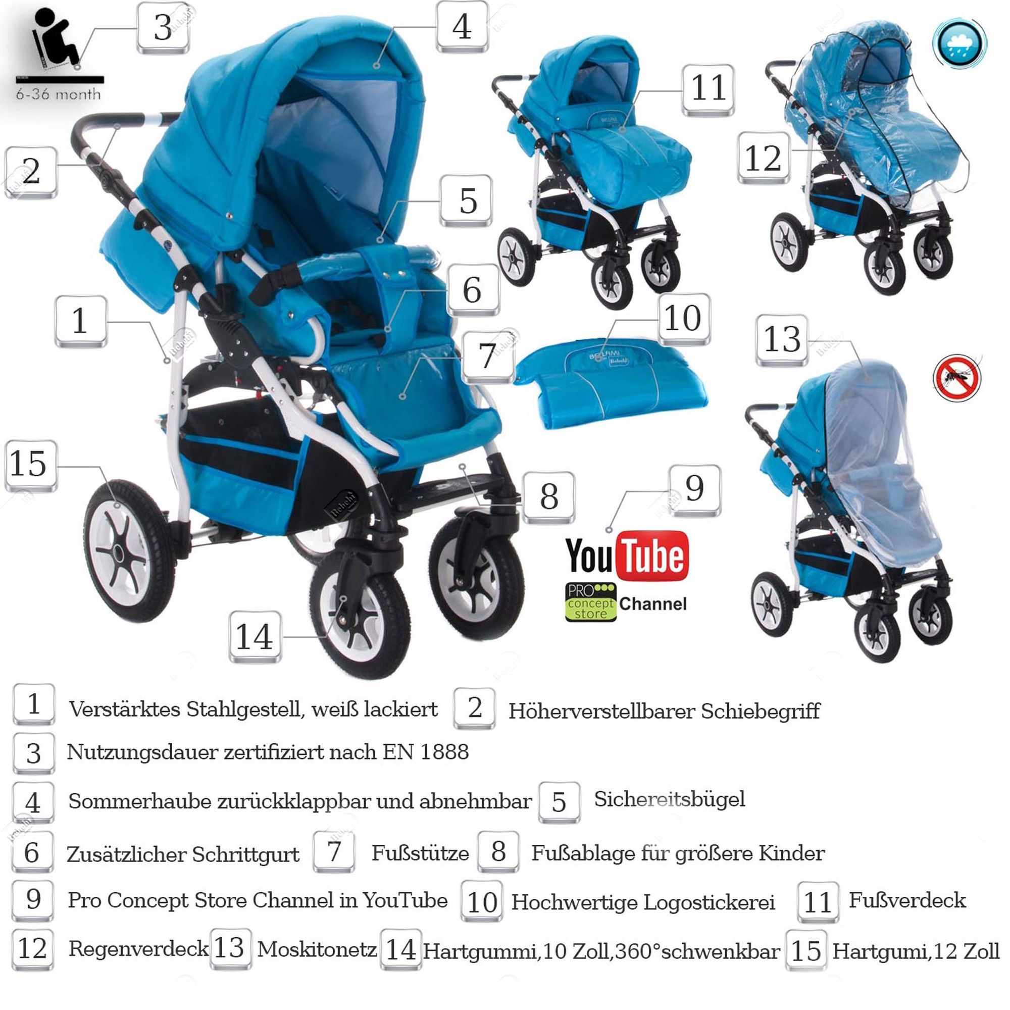Bebebi Bellami 3 in 1 Kinderwagen Set mit Original Maxi Cosi, Hartgummi Bellaqua
