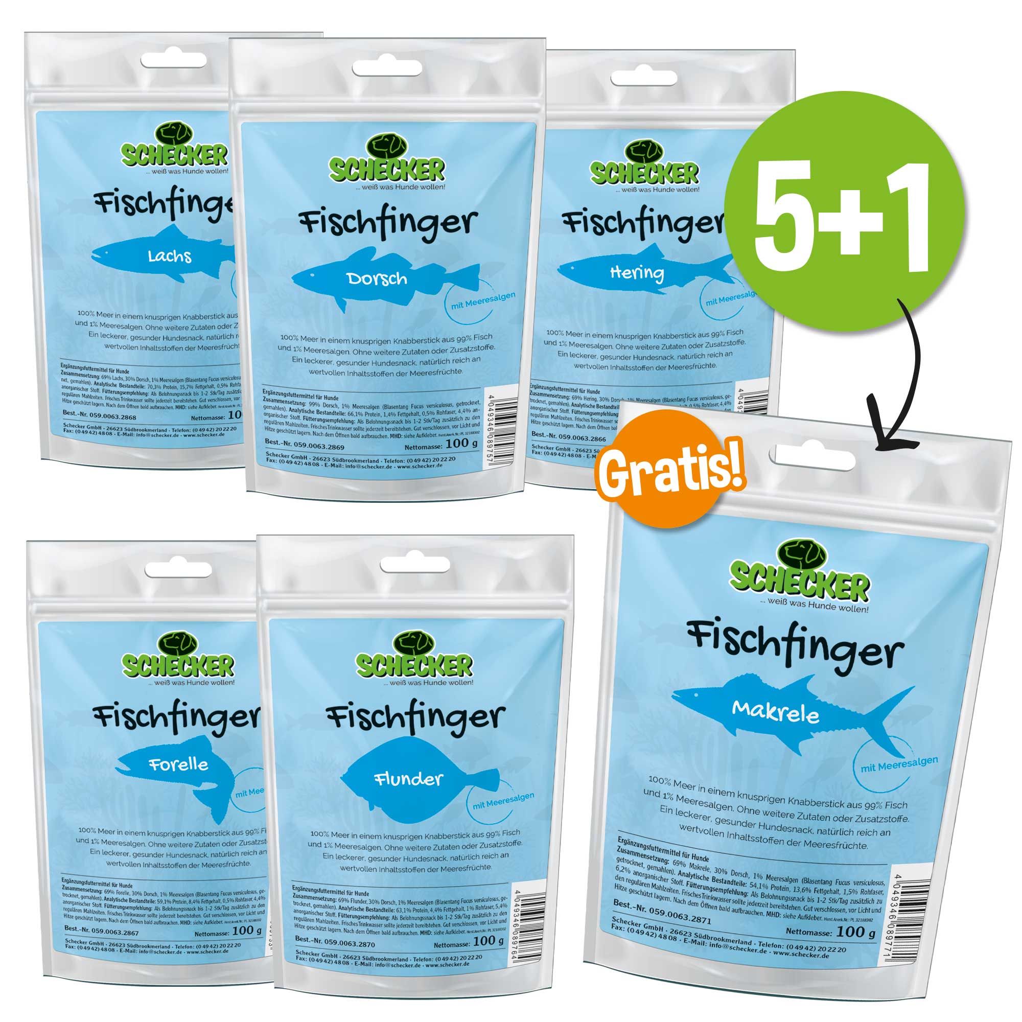 Sechs Beutel Schecker Fischfinger, verschiedene Sorten. 5+1 Gratis-Aktion. Blaue Verpackung mit Fisch-Illustrationen und Text.