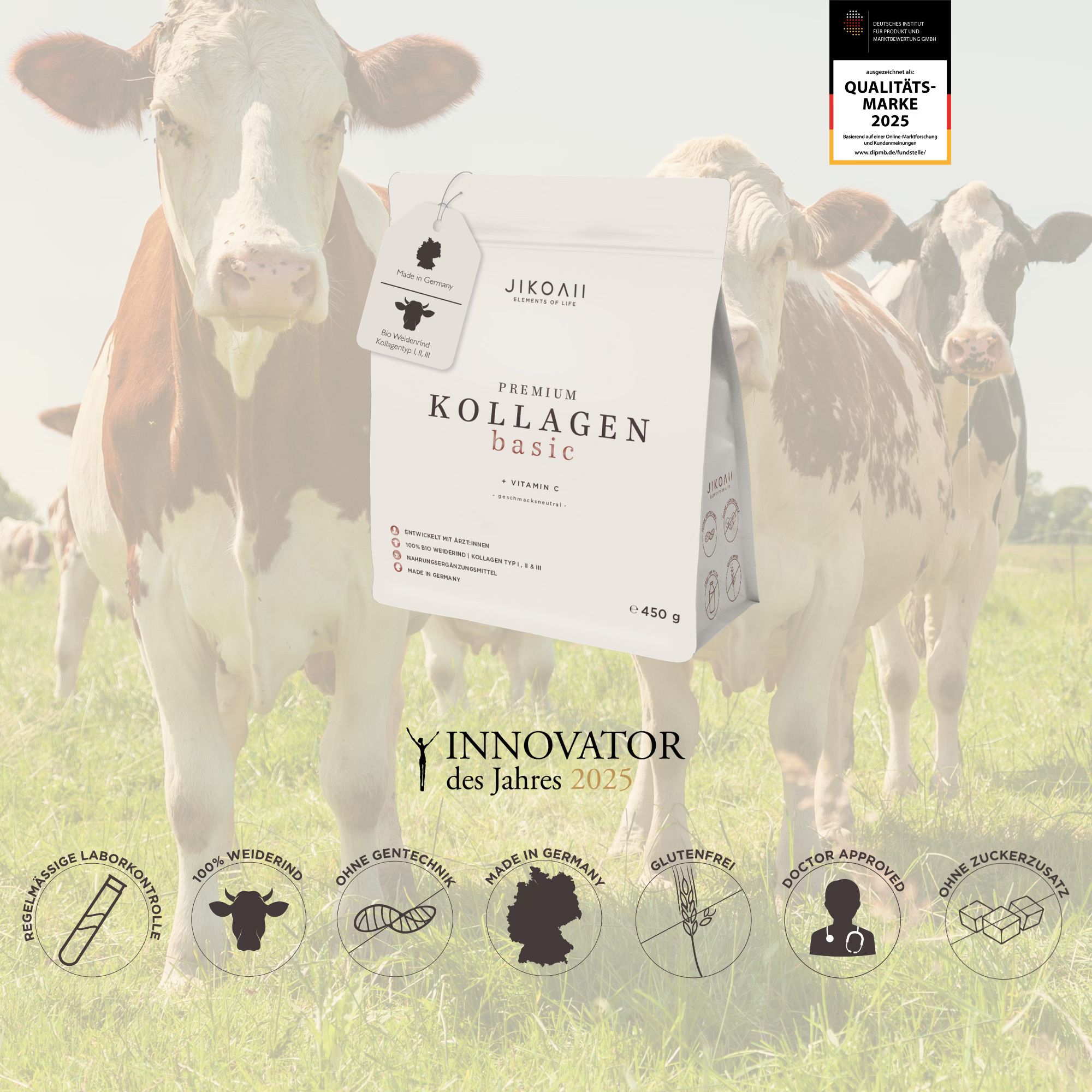 Weißer Beutel JIKOAII Premium Kollagen Basic vor Kühen. Text: 100% Weiderind, glutenfrei, Made in Germany. Qualitätsmarke 2025.