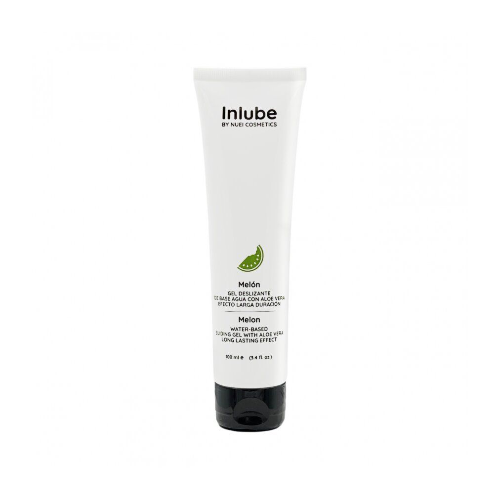 Weißes Tube mit schwarzem Deckel, Melonenscheiben. Aufschrift: Inlube, Melon, Gleitgel mit Aloe Vera.