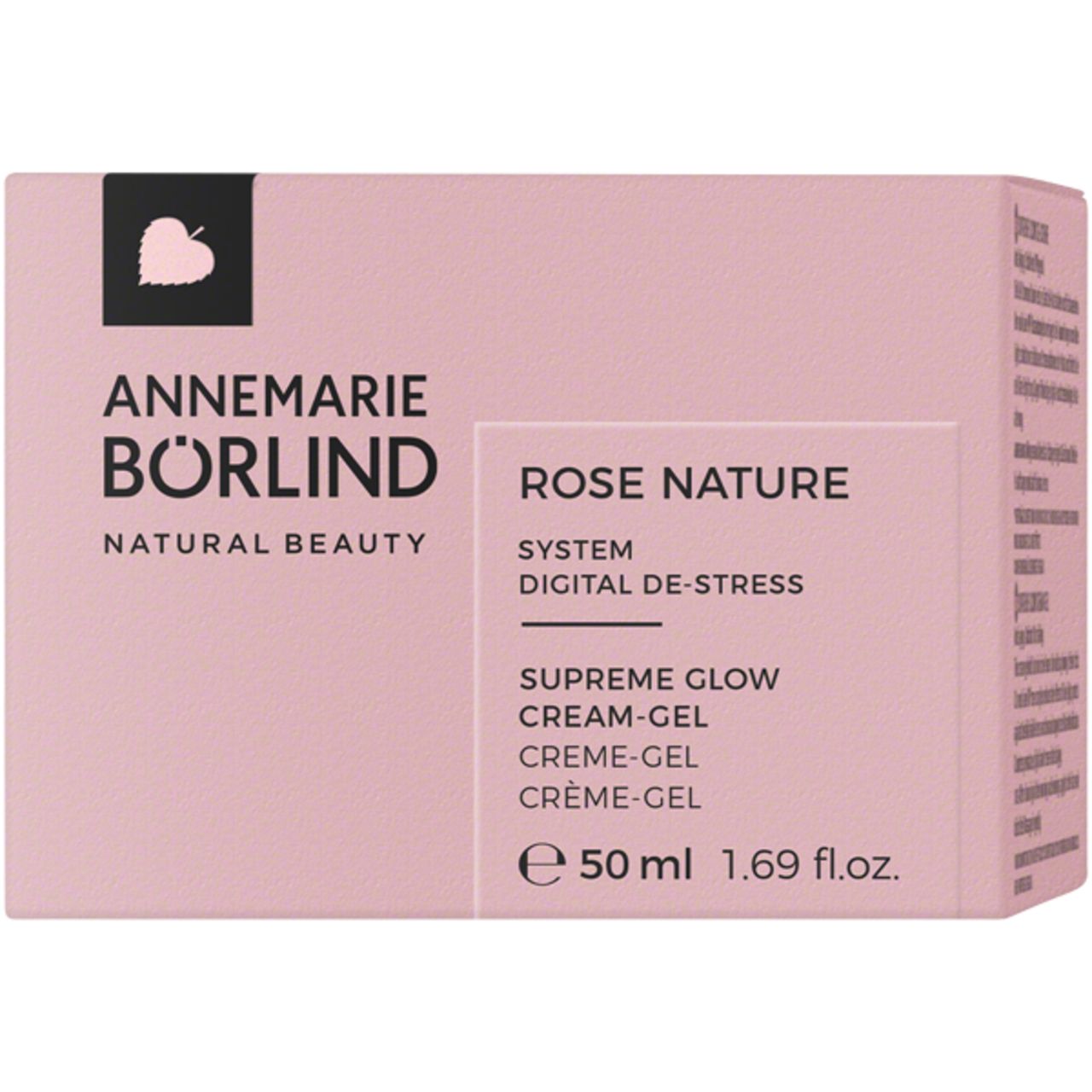 Verpackung. Aufschrift: ANNEMARIE BÖRLIND, Rose Nature, Supreme Glow Cream-Gel, 50 ml.